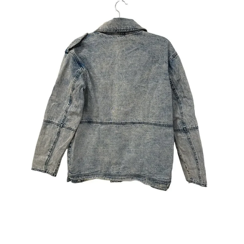 Avec Les Filles Acid Wash Denim Utility Jacket Size Medium Safari Style - Picture 10 of 10